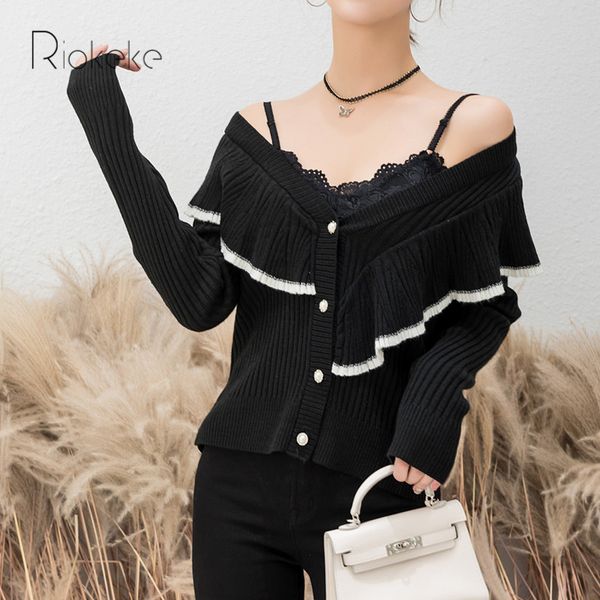 

riokeke black ruffles cardigan sweater female v neck short cardigan women lazy style knitted women coat 2018 autumn new, White;black