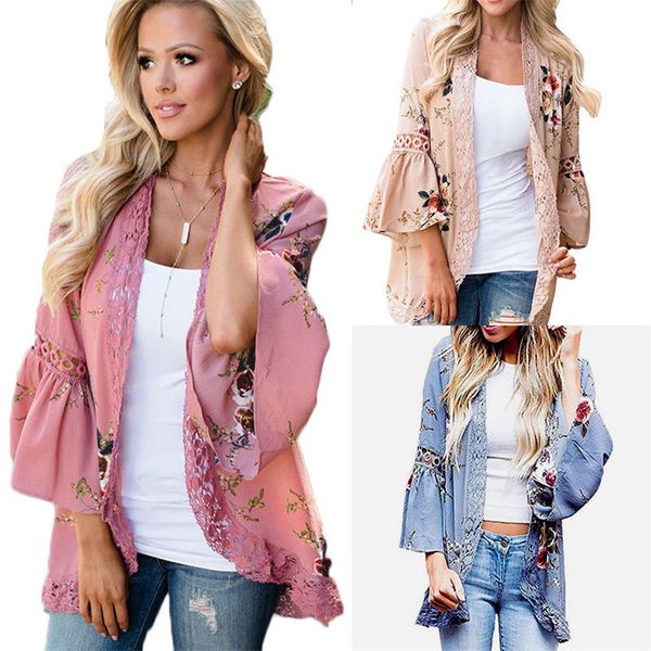 

flare sleeve crochet lace chiffon coat women 3/4 sleeve floral print kimono ladies casual spring summer open front outwear, Black;brown