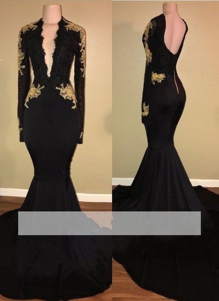 

deep v neck black mermaid long evening dresses long sleeves backless gold applique formal evening party wear prom dresses custom, Black;red