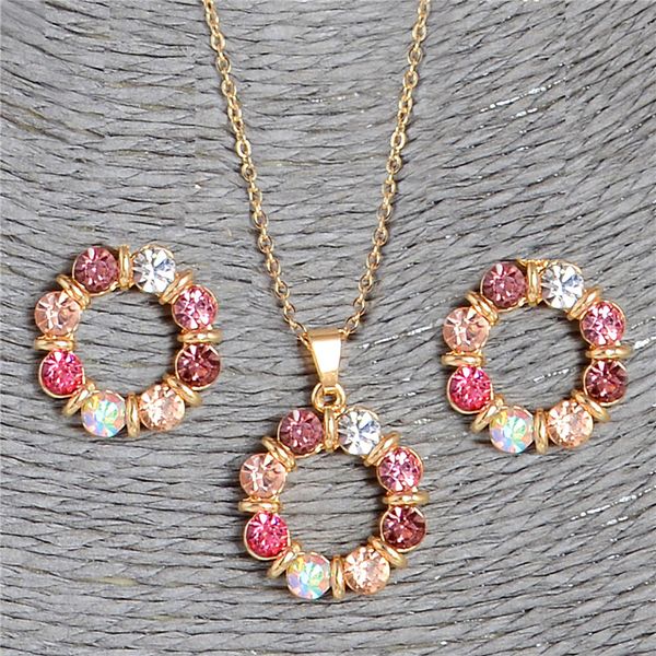 

shuangr cute colorful crystal round charms подвеска с золотым цветным кольцом серьги с бриллиантами комплект neckalce для женщин, Silver