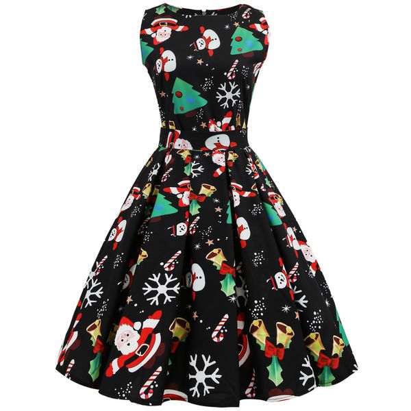 

christmas dress women 2018 floral print slim vintage dress casual sleeveless elegant midi party dresses vestidos robe s~3xl, White;black