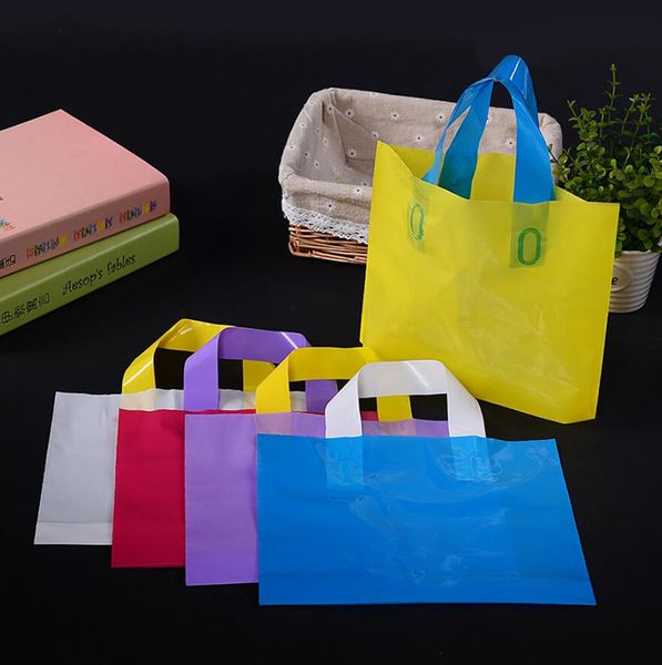 

50 pcs pure color blank plastic gift packaging bag with handle, thick clothes shoes shopping storage bag pouch
