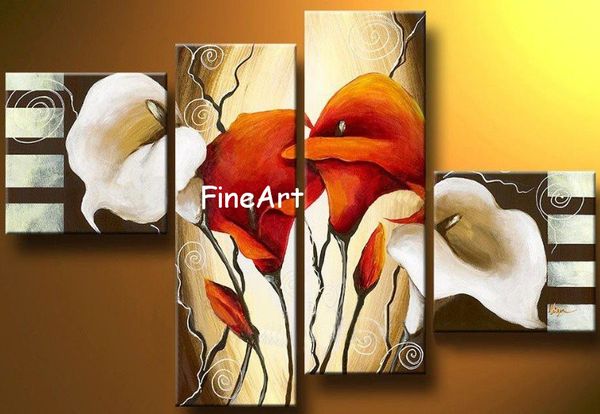 

100% handmade good quality group painting 4 panels lily abstract flower painting abstract art discount oil painting art deco paintings