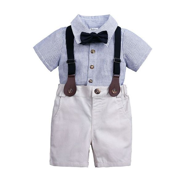 Yaz Bebek Bebek Erkek Beyefendi Giysi Set Çocuklar Papyon Şerit Gömlek + Askı Şort 2 adet Kıyafetler Çocuk Erkek Giyim Suit 14178