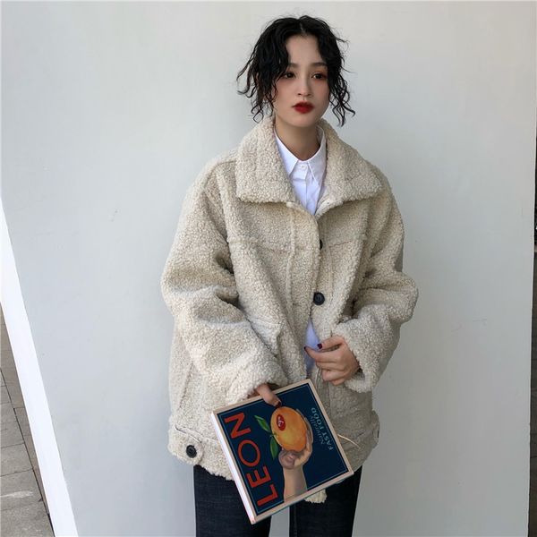 

solid lamb wool winter coats women thick warm oversized solid high street faux fur coats and jackets ladies fur cwf0157-5, Black