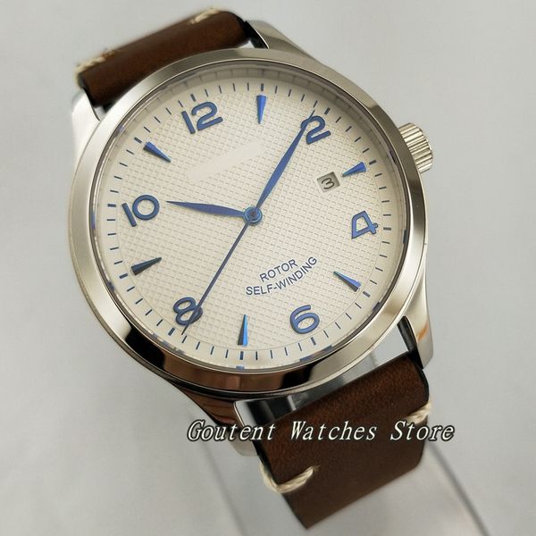 

42mm corgeut date white dial sapphire glass 21 jewels miyota automatic men's watch, Slivery;brown