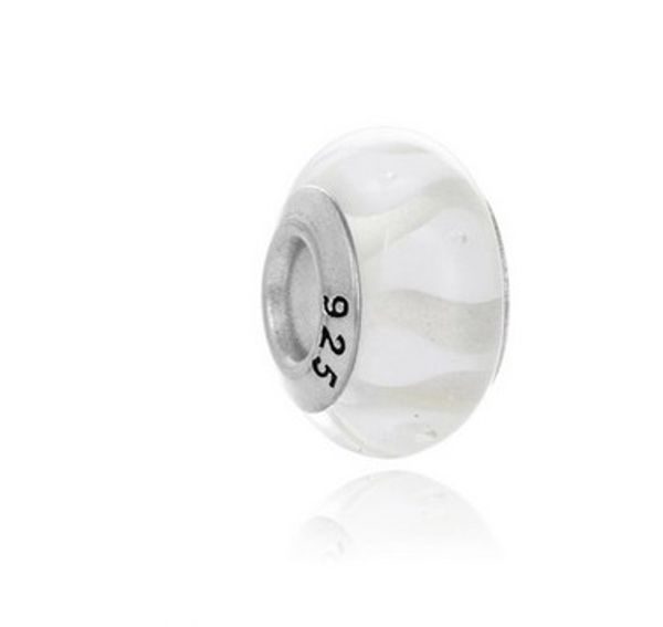 Perle di vetro murano bianco di Murano 925 Stering Silver Branelli allentati con foro grande Fit Pandora europeo Bracciale con ciondoli Collana Gioielli fai da teW