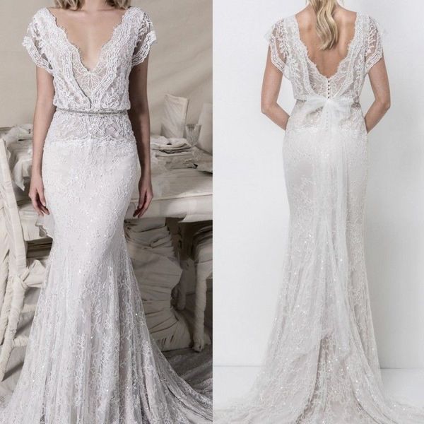 

boho lace sheath wedding dresses mermaid lihi hod lace bridal gowns sequined v neck bohemian beach bridal dresses backless vestidos de novia, White