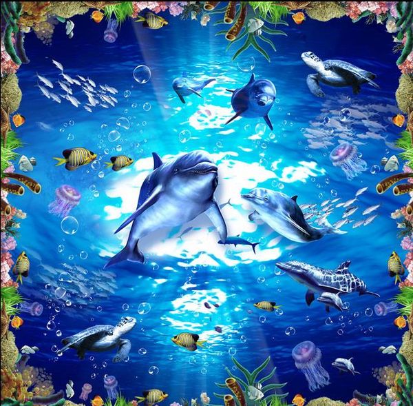 

wall papers home decor underwater world dolphin mother water grass turtle three-dimensional floor design template