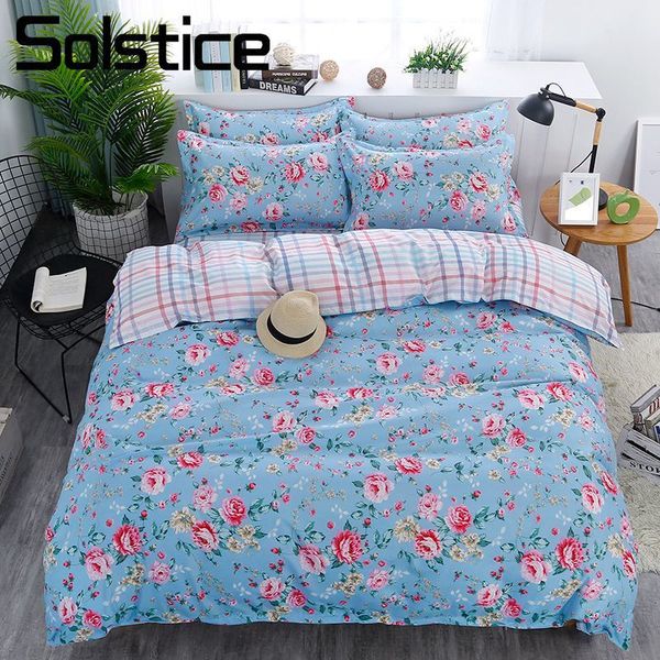 Solstice Home Textile Blue Flower Duvet Cover Pillowcase Plaid Bed