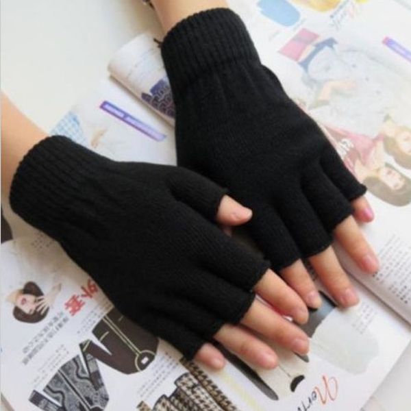 

new arrival winter black short half finger fingerless wool knit wrist glove warm workout for women and men, Blue;gray
