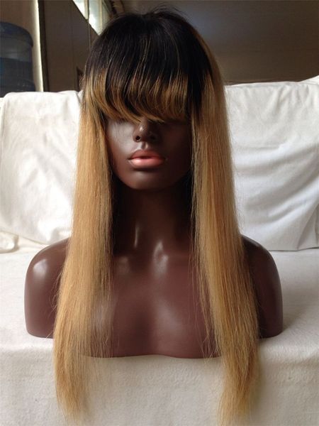 

t1b/27 pre plucked ombre human hair wigs 8-24inch full lace wigs & lace front wigs with bangs for black women with baby hair, Black;brown
