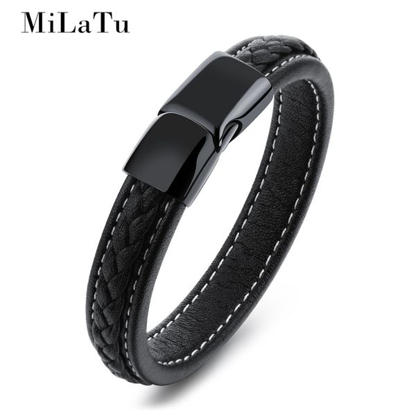 

men black genuine leather braided bracelet stainless steel buckle handmade wristband bracelet men jewelry gift b363, Golden;silver