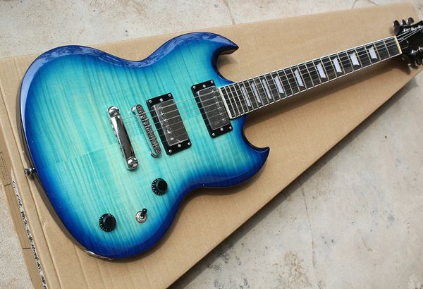 

Azul Da Guitarra Elétrica com 2 Pickups, escala em Rosewood, Flame bege Veneer, Ferragens Cromadas, oferecendo serviços personalizados