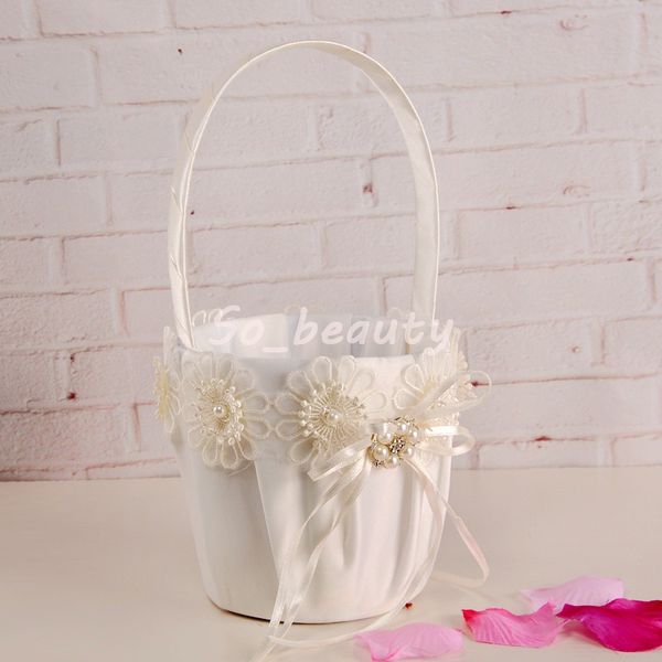 Cestini bianchi eleganti per ragazze di fiori Bellissimi cestini rotondi in seta per fiori piccoli Bomboniere Accessorio per matrimoni Nuovo BL-5615