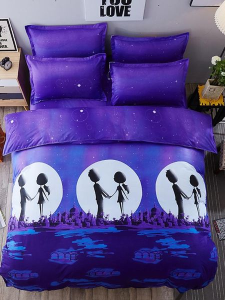 

4pcs bedding set blue cartoon lovers night soft washable quilt set