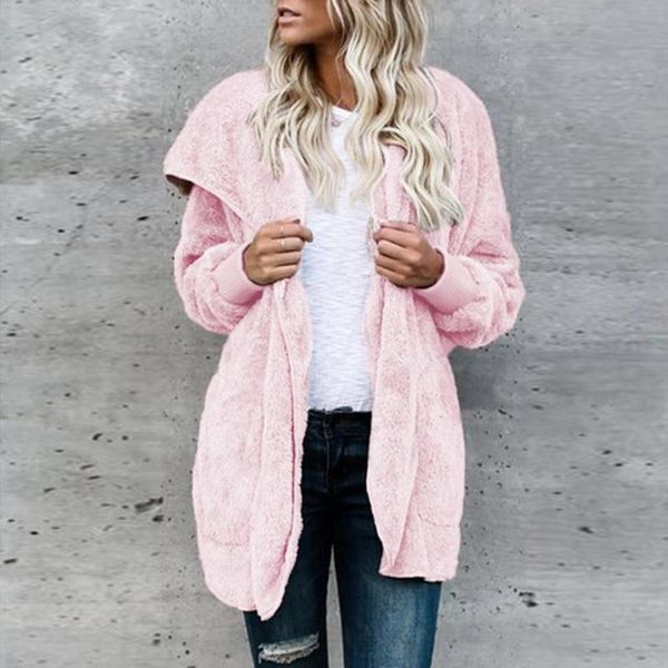 

winter women fleece jackets open front hooded cardigan loose pockets coat, Black