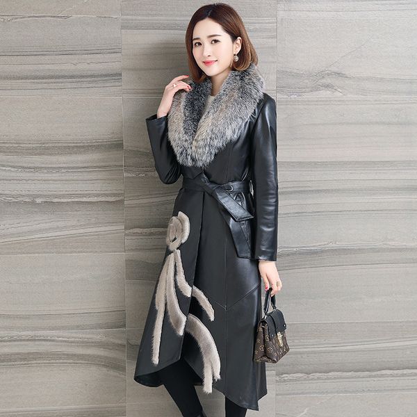 

ayunsue 100% real sheepskin leather coat genuine leather winter warm down jacket women fur collar jaqueta de couro mf071, Black