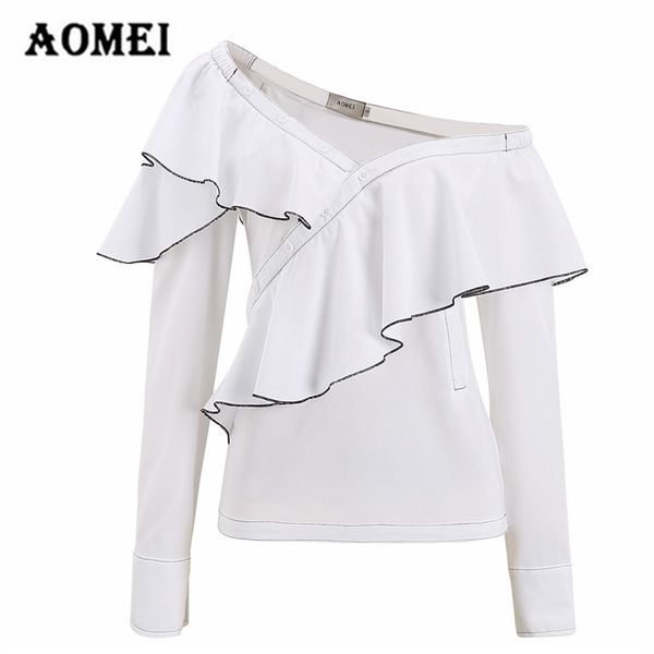 

women rainbow stripe blouse shirts full sleeves ruffled off shoulder irregular collar beachwear fashion spring blusa, White