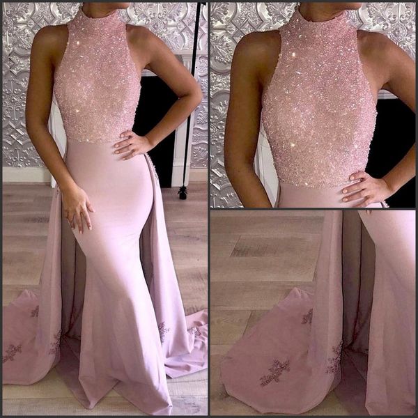 

high collar sequin beaded pink elegant sweep detachable train mermaid evening prom dresses lace appliqued ball gown dresses, Black;red