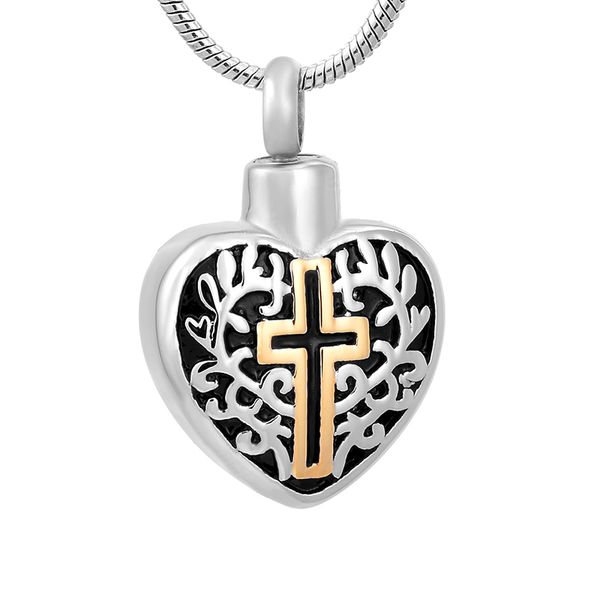 

ijd9765 christ cross on heart keepsake urns memorial jewelry for pet human ashes cremation necklace funeral casket charm, Silver