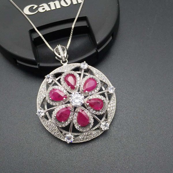 

natural red ruby stone pendant 925 sterling silver natural gemstone pendant necklace trendy hydrangea round women girl jewelry