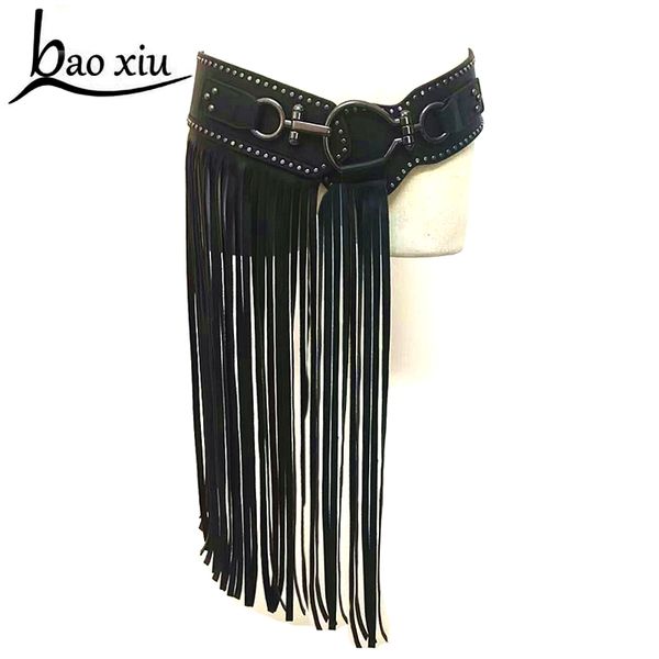 

fashion personality long tassel female belt rivet black leather wide belt women exaggerated fringed brand design, Black;brown