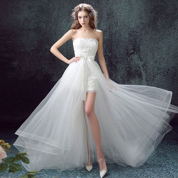 Lace Organza Beach Wedding Dresses Sweetheart Neckline High Low