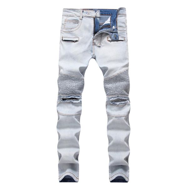 

hole fashion mens jeans brand straight slim denim pants casual pockets jeans masculino plus size, Blue