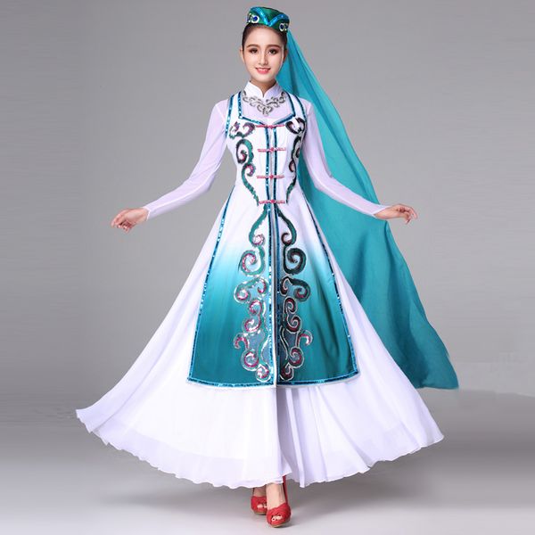 

axing hui ethnic dance costume dance new blue and white transitional ethnic performance clothing female xinjiang, Black;red
