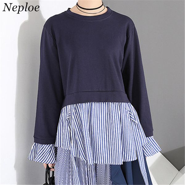 

neploe fake two pieces patchwork women hoodies stripped o-neck female pullover 2018 autumn winter casual loose chic hoody 68785, Black