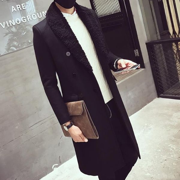 

mens winter long parkas dark gray black lapel neck wool coats man classic fashion clothes ing