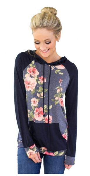 

women hoodies floral printed long sleeve lightweight drawstring sweatshirt with pockets dhl pullover sweater casual blouse, Black