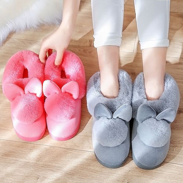 

winter slipper women cotton cute rabbit home indoor non-slip slippers ladies fashion platform casual house shoes, Black
