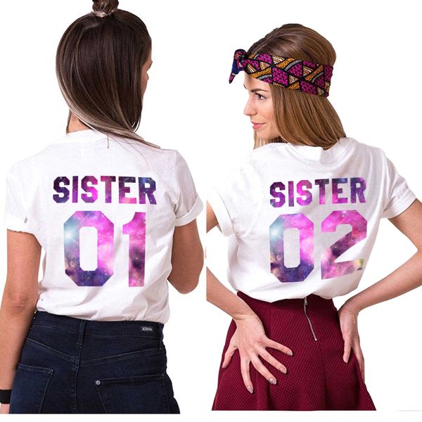 

gift for sister matching sister 01 02 shirts girls bff t-shirt femme tumblr women summer clothes t shirt cotton friend tees, White