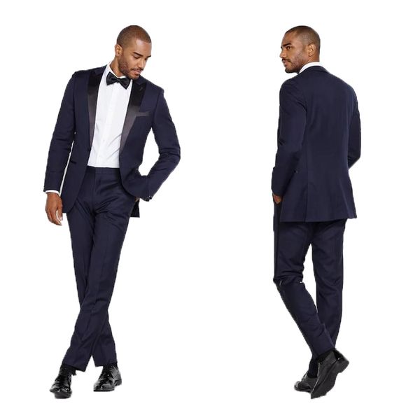 

navy blue groom tuxedos custom made men suits for wedding black satin peaked lapel 2 pieces man blazers jacket pants bridegroom suits, Black;gray