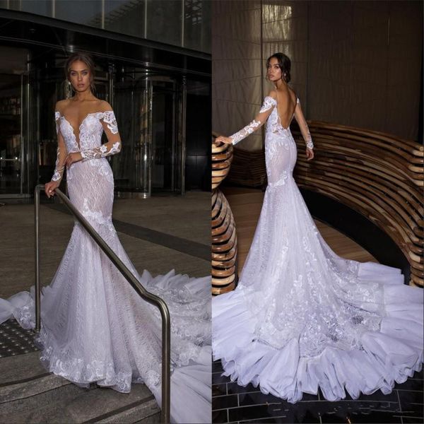 

mermaid 2019 dimitrius dalia wedding dresses lace appliques long sleeve backless vestidos de novia deep v sheer neck bridal gowns, White