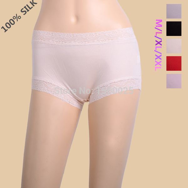 

women silk knitted boyshort plus size 100% mulberry silk laciness seamless antibiotic panties /l/xl/xxl free shipping, Black;pink