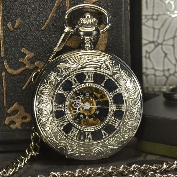 

tiedan mechanical pocket watch men steampunk luxury fashion antique chain necklace romen numerals skeleton pocket fob watches, Slivery;golden