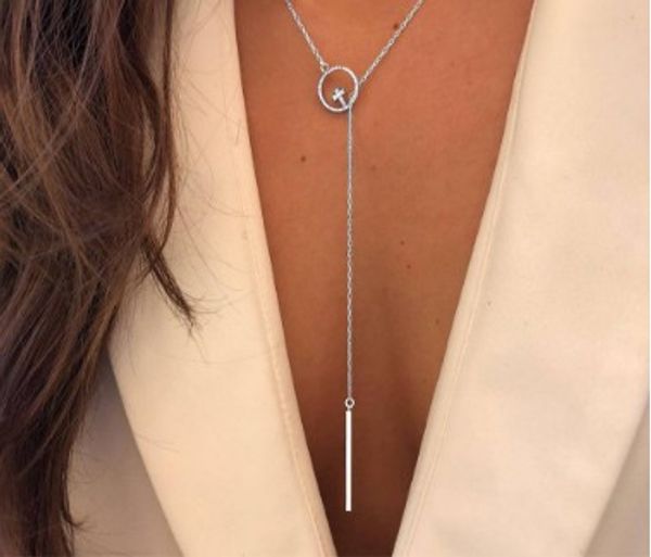 

womens necklaces fashion cross & circle sweater chain silver filled long bar alloy necklaces