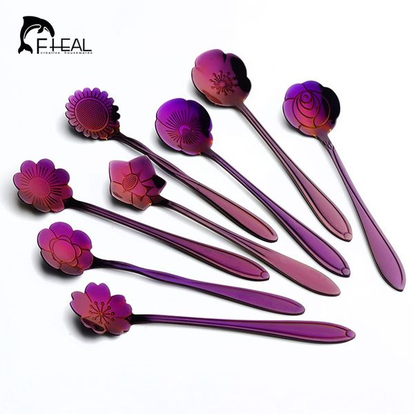 

8pcs/set stainless steel rainbow flower shape tea coffee spoon ice cream sugar flatware tableware kitchen tools