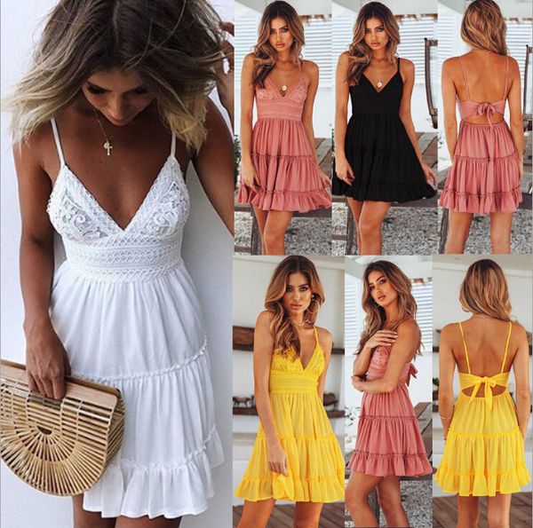 

women summer dress fashion lace club backless spaghetti strap dresses ladies white casual v-neck mini beach sundress, Black;gray