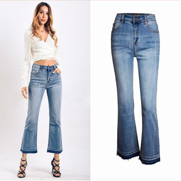 

aphrodite home women`s brand new fashion high waist stretch washed true denim cropped jeans capris for woman jean flare pants, Blue