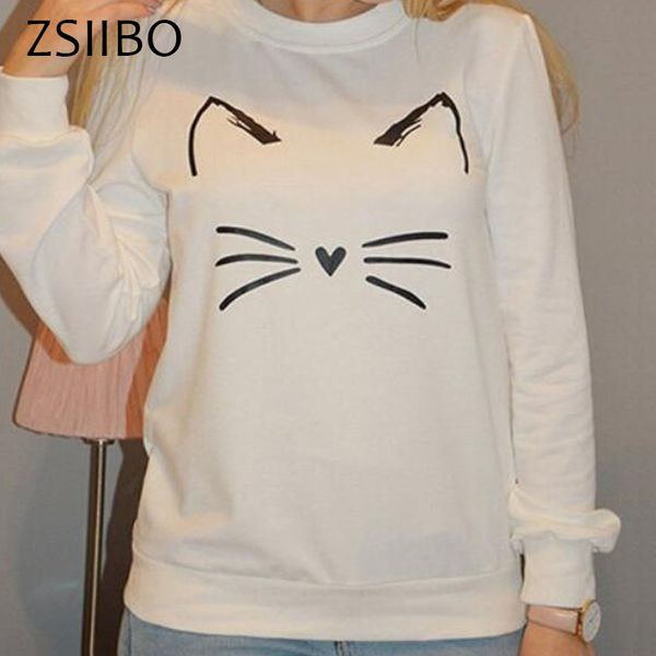 

zsiibo кот лицо печать 2018 осень зима новый женская мода сплошной с капюшоном толстовка с капюшоном толстовка женская цвет пуловер рубашка, Black