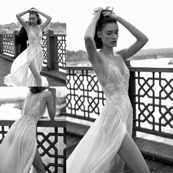 

liz martinez 2019 beach a line chiffon wedding dresses high side split v neck backless lace appliqued boho bridal gowns, White