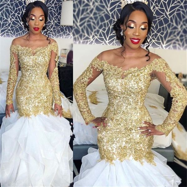 

poet sleeves bateau off the shoulder white and gold ruffles mermaid evening gown with long sleeves and lace appliqued bodice, Black;red