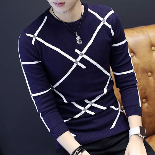 

men slim sweater 2018 autumn and winter korean style male sweater student o-neck thermal casual stripe knitted teenage boy, White;black