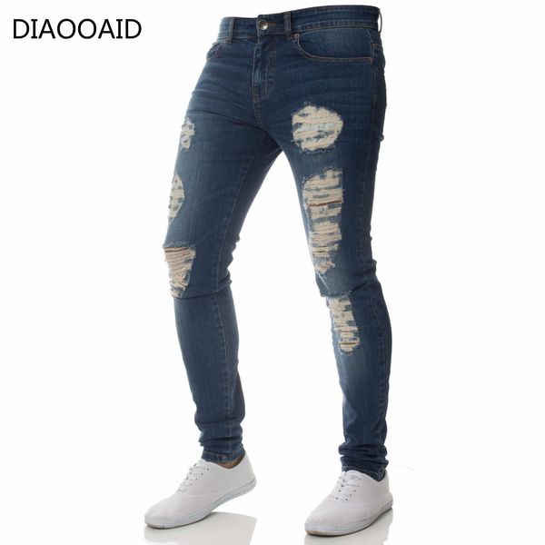 

diaooaid 2018 new fashion men's casual stretch skinny denim trousers tight solid color hole jeans male streetwear hiphop pants, Blue