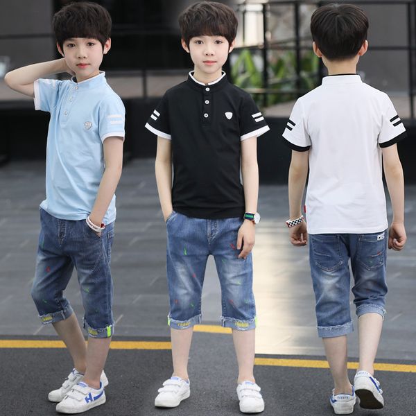 

kids boys summer suits chinese children shirt collar and short sleeves of two sets of 2018 new boys wholesale kids clothing, White