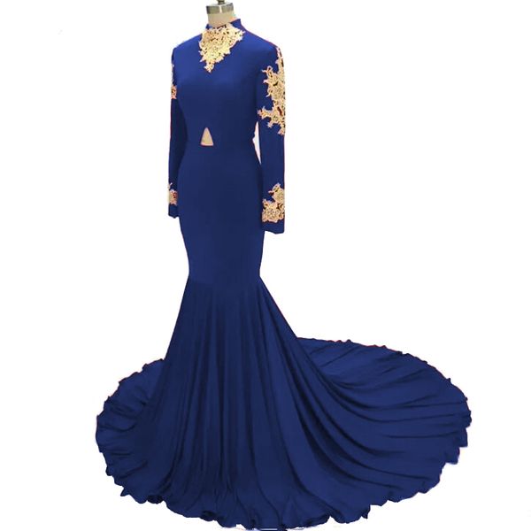 

Real Images Royal Blue Prom Dress Long Sleeve Gold Lace Appliques High Neck Mermaid Evening Dresses Black Girl Plus Size Formal Gowns